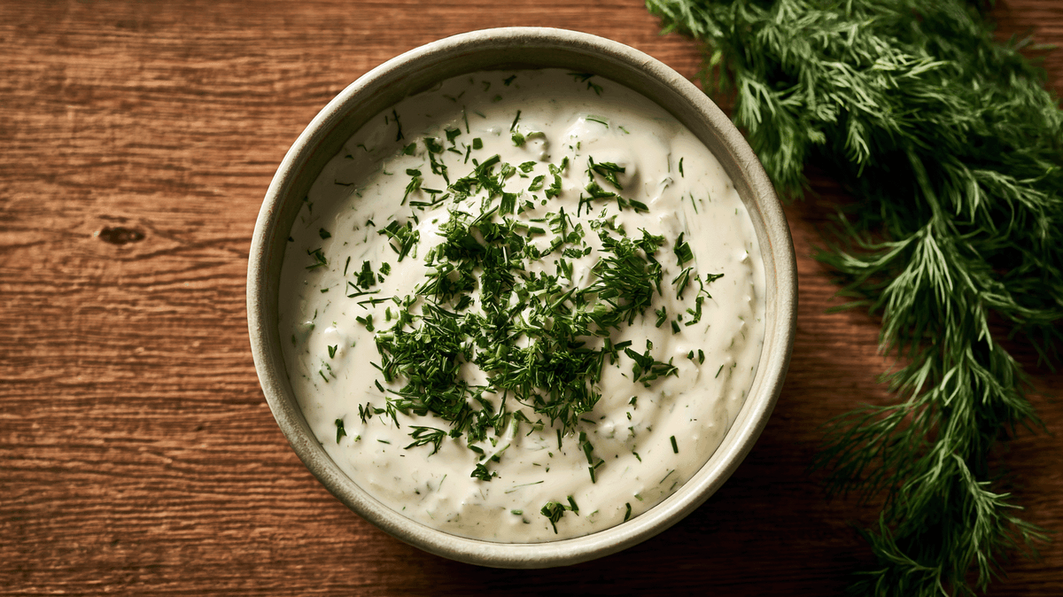 Ranch Dressing in einer Keramikschale, garniert mit frisch gehackten Kräutern, daneben ein Bund frischer Dill auf einem Holztisch