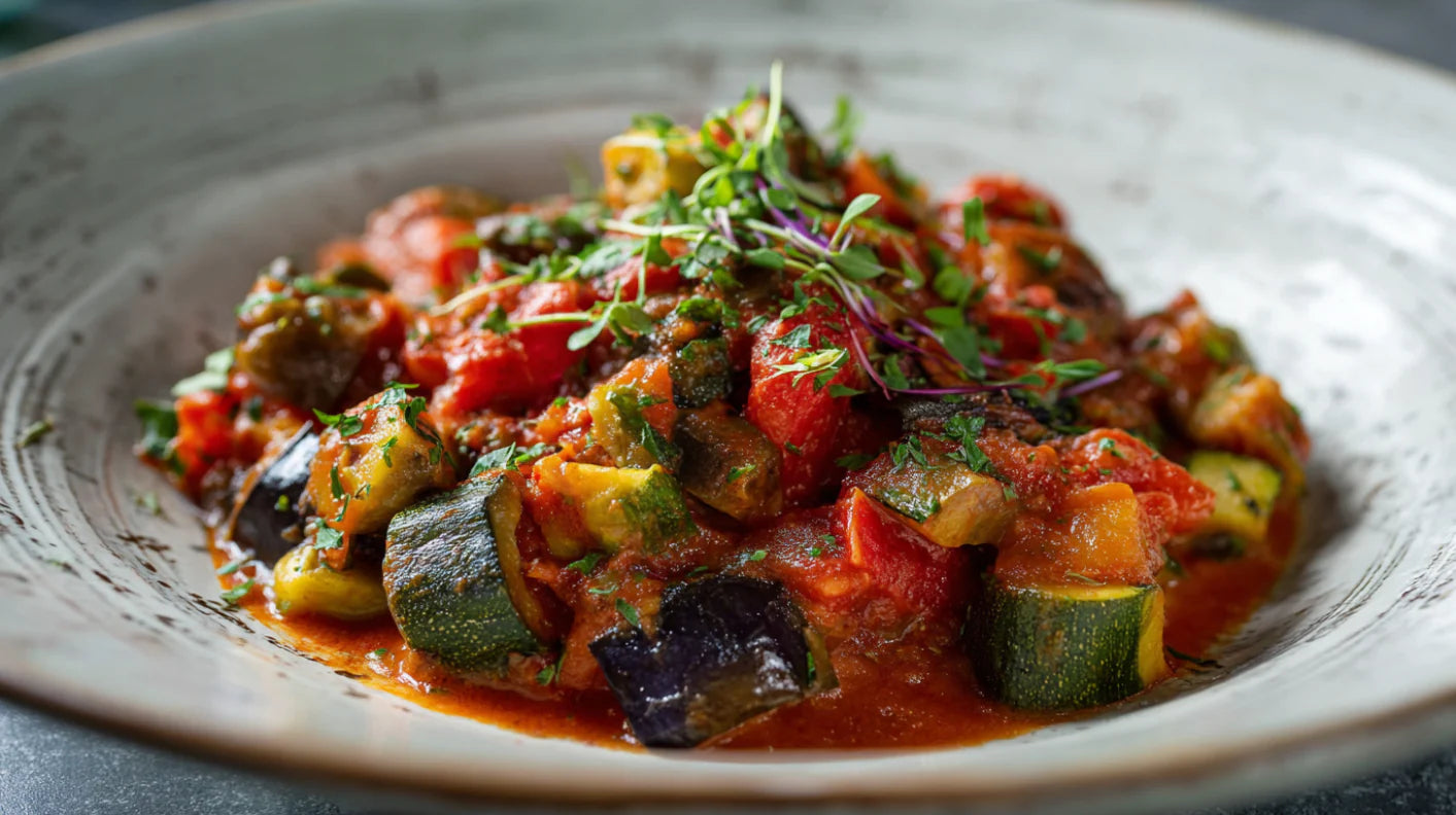 Ratatouille aus der Pfanne – mediterranes Gemüsegericht mit Zucchini, Paprika und Aubergine in Tomatensauce, garniert mit frischen Kräutern auf einem Teller.