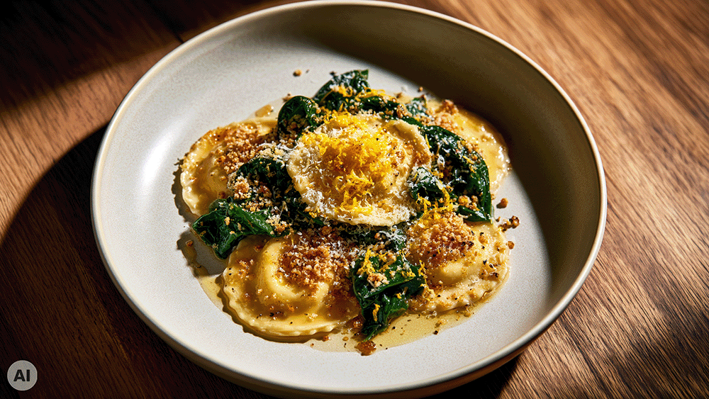Ravioli mit Zitronencrunch schräg von oben fotografiert: Ricotta Ravioli in brauner Butter mit Blattspinat, geröstetem Paniermehl, Parmesan und Zitronenschale in einem hellen tiefen Teller auf einem Holztisch im Sonnenlicht.
