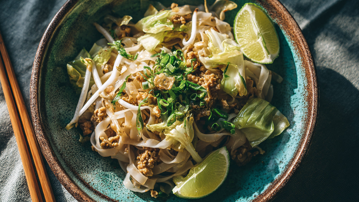 Asiatische Reisnudeln mit Hähnchen, Chinakohl und Frühlingszwiebeln – serviert mit Limettenspalten und knackigem Gemüse