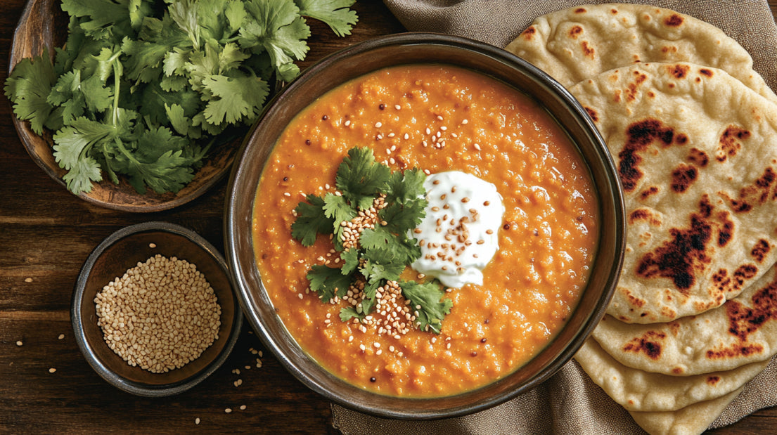 Rotes Linsen-Dal mit frischem Koriander, Sesam und Joghurt, serviert in einer Schüssel mit knusprigen Pfannenbroten – aromatisch, cremig und perfekt zum Dippen.