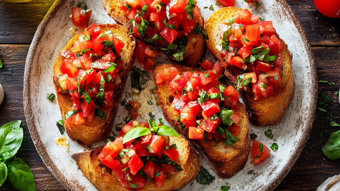 Schnelles Bruschetta Rezept mit frischen Tomaten, Basilikum und knusprigem Brot – italienische Antipasti auf einem rustikalen Holztisch angerichtet.