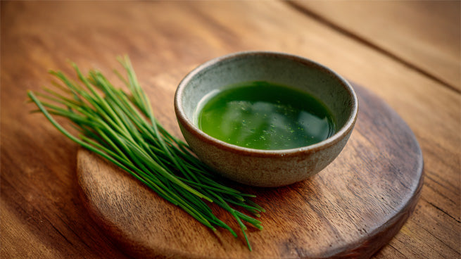 Schnittlauchöl in Schale auf Holzbrett mit frischen Schnittlauhalmen daneben – leuchtend grün und ideal dargestellt für Rezept und Foodblog.