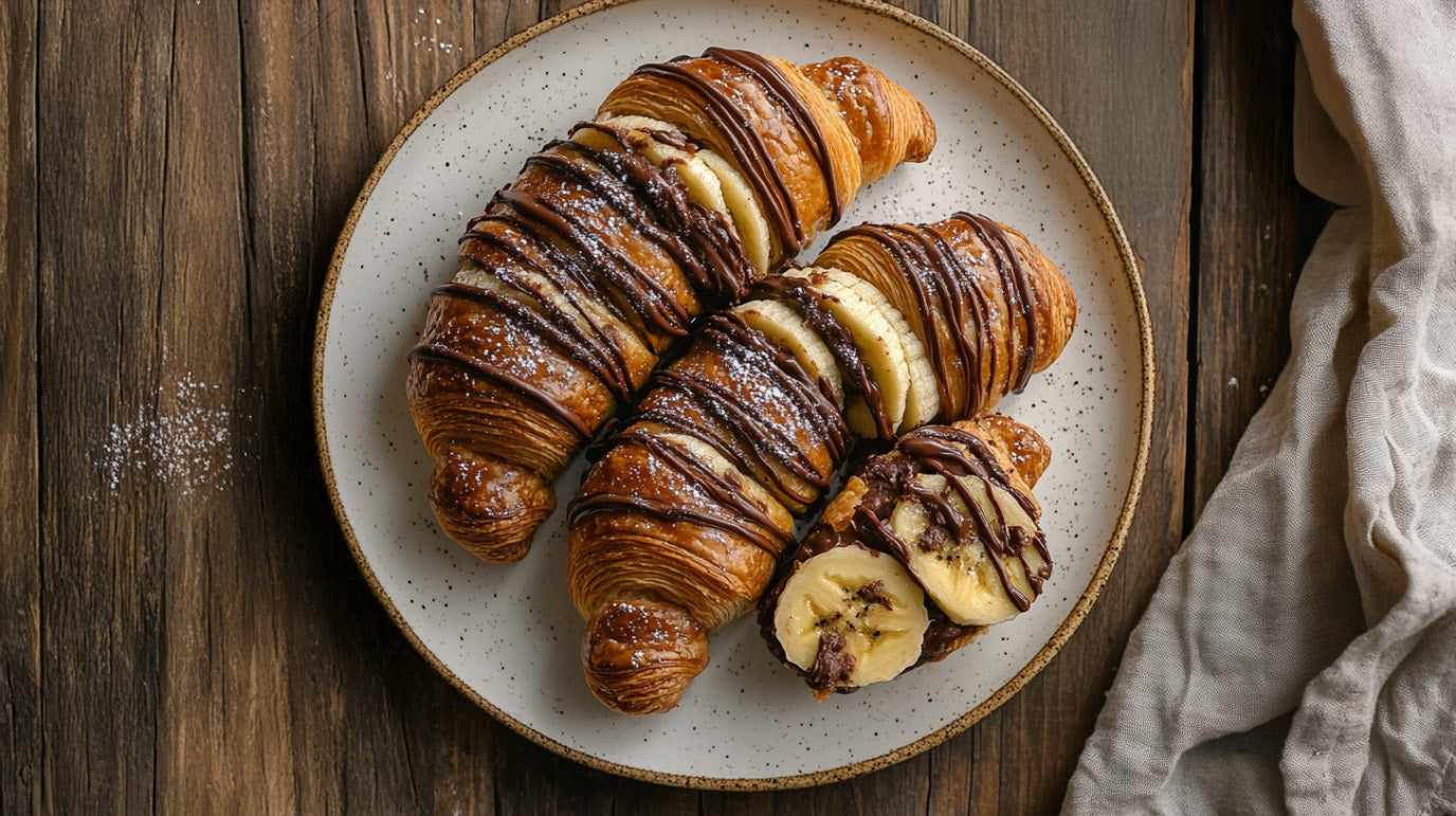 Schoko-Banane Croissants mit FIVI Haselnusscreme auf Teller – knuspriger Blätterteig, gefüllt mit Banane und Schokoladencreme, serviert als Frühstück oder Dessert