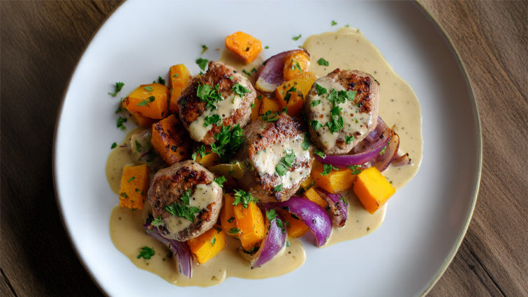 Schweinemedaillons mit Kürbisgemüse auf cremiger Sahnesauce, serviert mit gebratenem Hokkaido-Kürbis, roten Zwiebeln und frischer Petersilie auf einem weißen Teller.