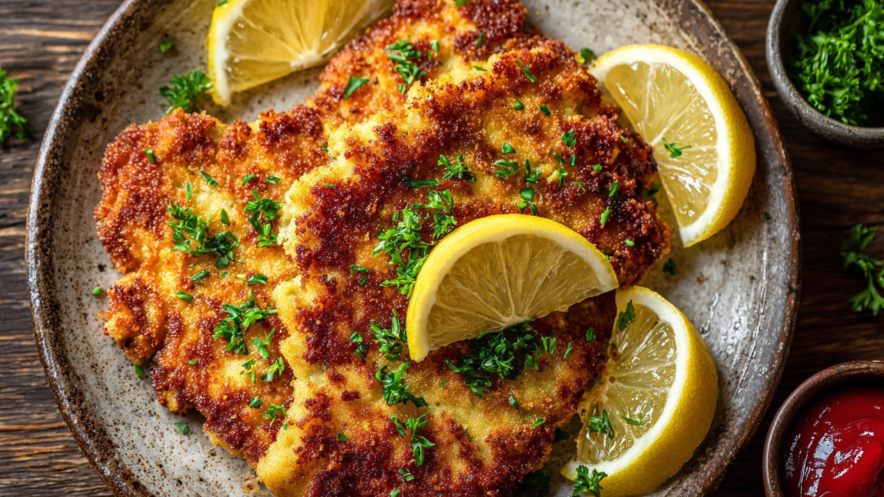 Sellerie-Schnitzel angerichtet mit Beilagen – goldbraun gebratenes, pflanzliches Schnitzel mit Zitrone und Kräutern auf rustikalem Keramikteller.