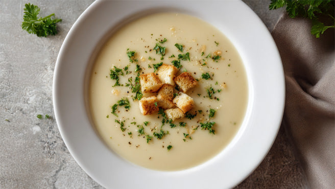 Selleriecremesuppe mit Croutons und frischer Petersilie in weißem Teller auf hellem Untergrund