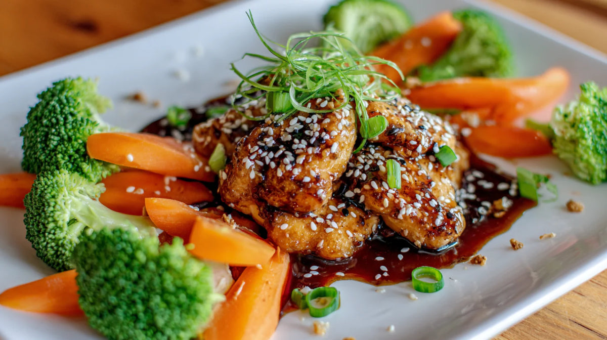 Sesam-Hühnchen mit Teriyaki-Sauce, serviert mit knackigem Gemüse – Nahaufnahme des asiatischen Gerichts mit glasiertem Hähnchen und Sesam-Topping
