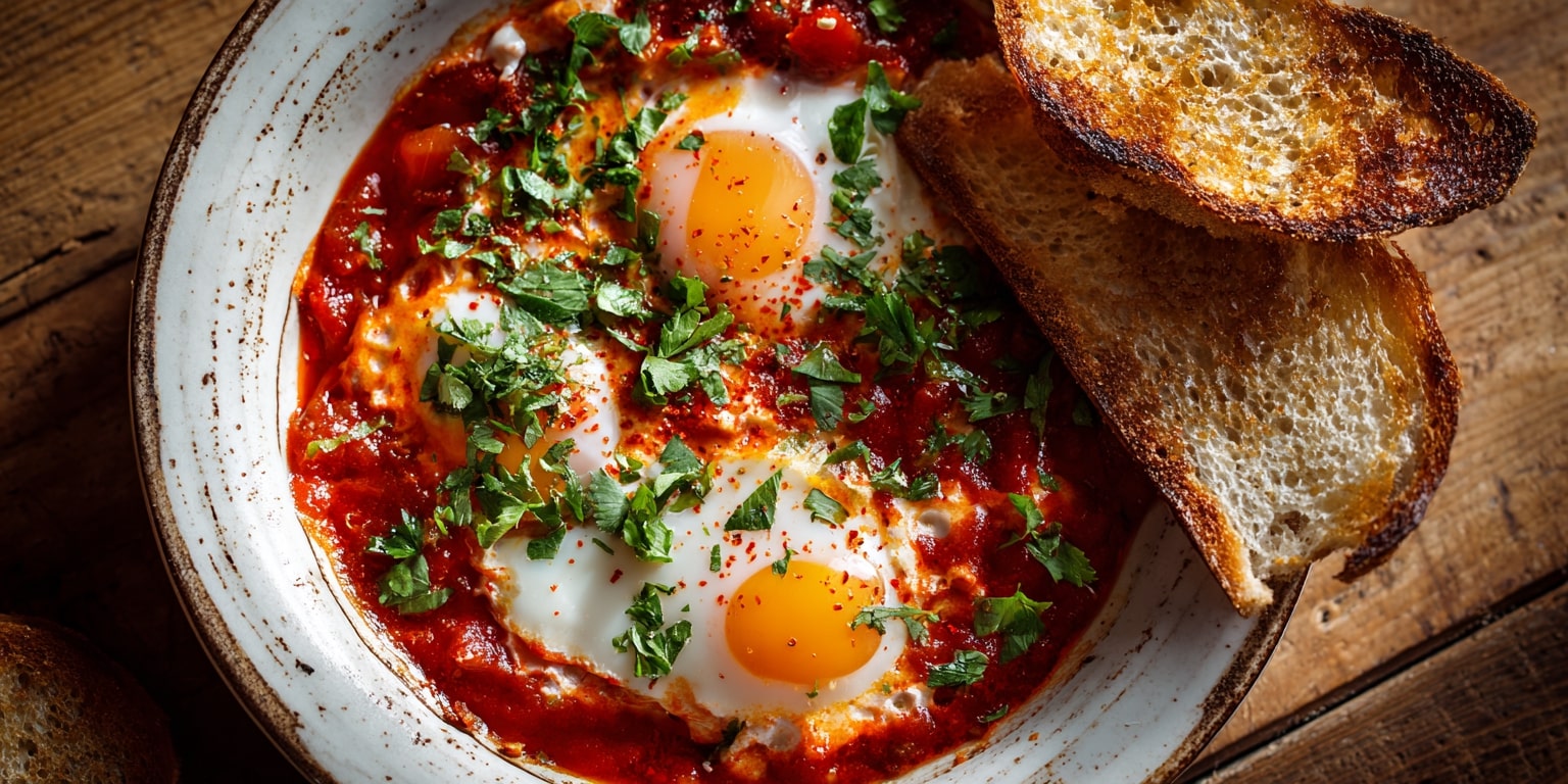 Shakshuka Gericht – würzige Tomaten-Paprika-Sauce mit pochierten Eiern und frischem Koriander, angerichtet mit knusprigem Brot