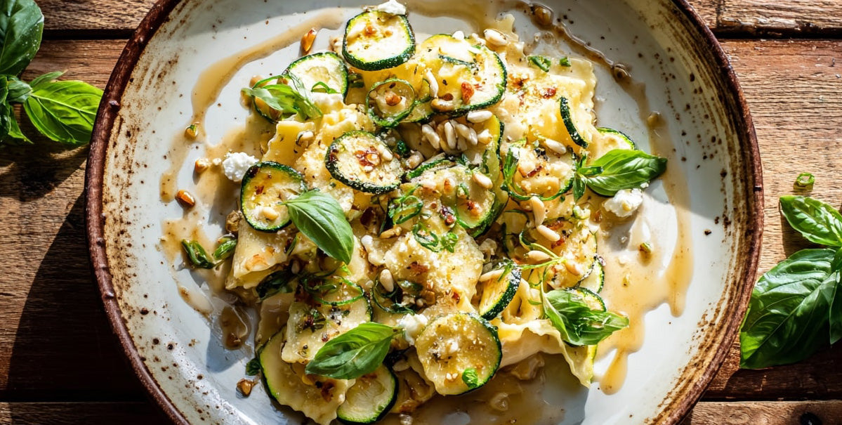 Sommerliche Pasta mit Zucchini & Ziegenkäse auf rustikalem Teller mit Pinienkernen, brauner Butter und frischem Basilikum garniert – vegetarisches Sommergericht.