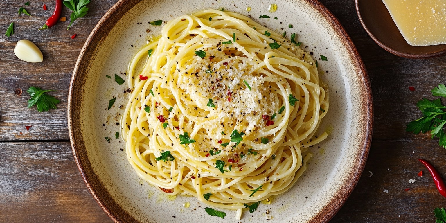 Spaghetti Aglio e Olio Rezept mit frischen Kräutern und Käse – Italienische Pasta auf rustikalem Teller, umgeben von Knoblauch, Chili und Petersilie.