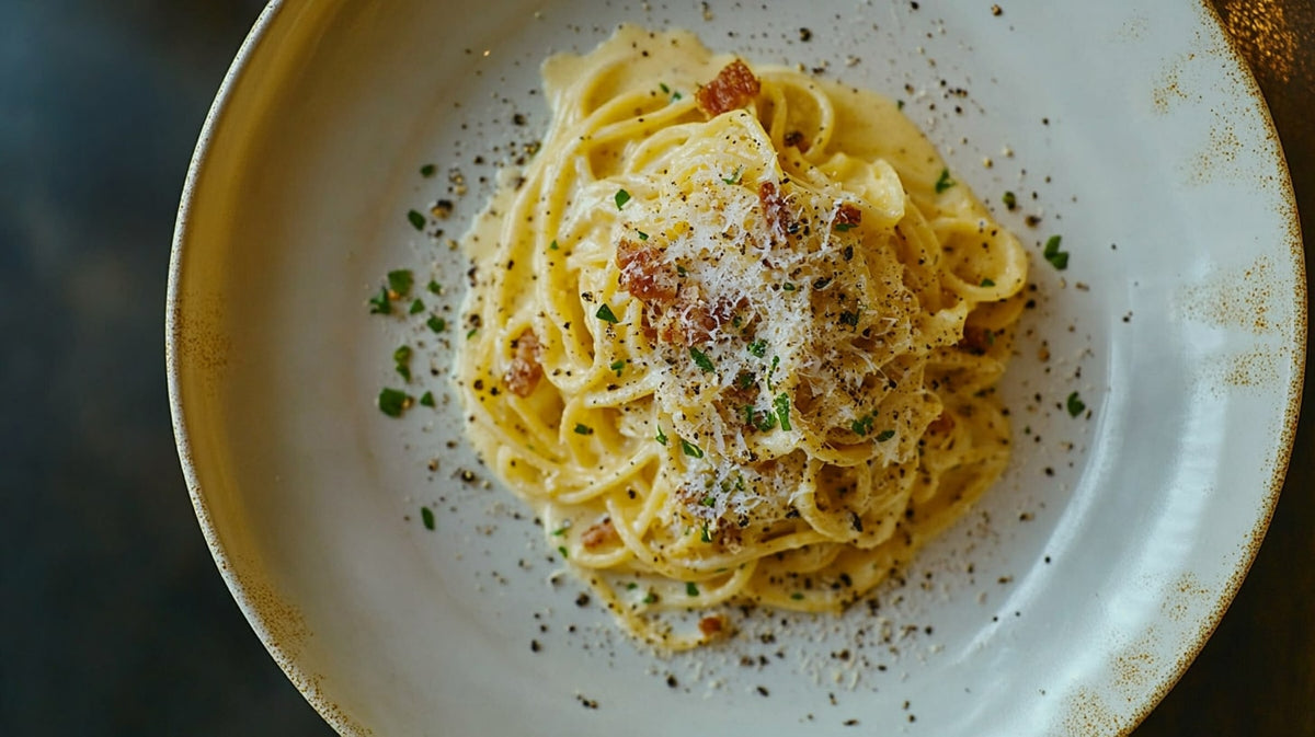 Spaghetti Carbonara – cremige Pasta mit Speck, Parmesan und frisch gemahlenem Pfeffer, serviert auf einem Teller. Authentisches italienisches Rezept ohne Sahne.
