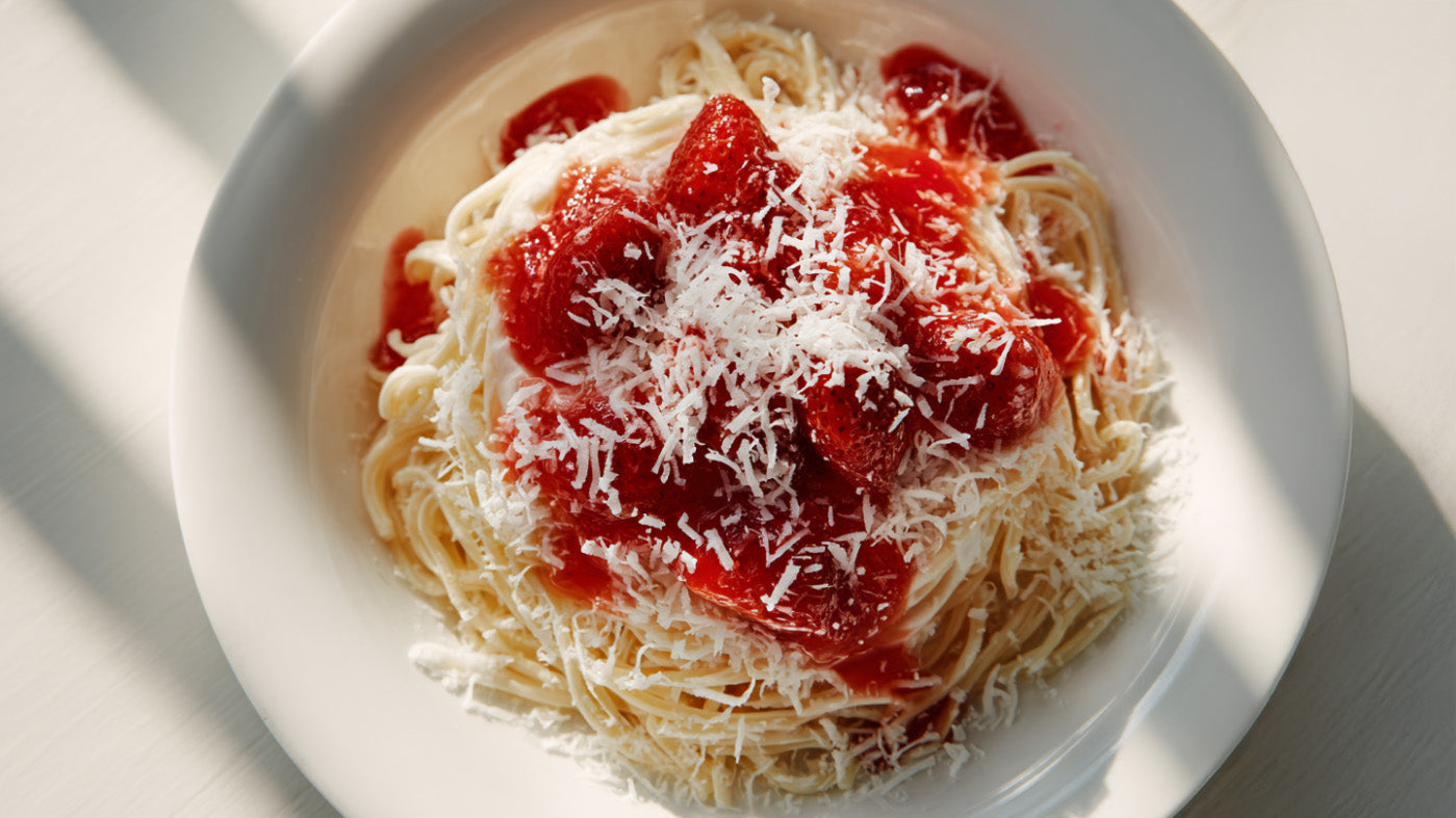 Spaghetti-Eis mit Erdbeersauce und weißer Schokolade in weißem Dessertteller – klassisches Sommerdessert einfach selbst gemacht
