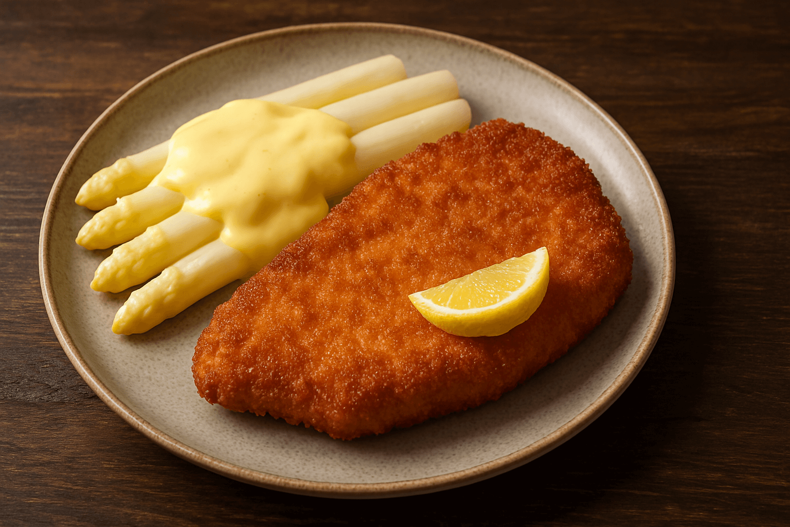 Schnitzel mit Spargel und Hollandaise – Knusprig paniertes Schnitzel mit weißem Spargel und cremiger Sauce Hollandaise, angerichtet mit Zitronenscheiben auf einem weißen Teller.