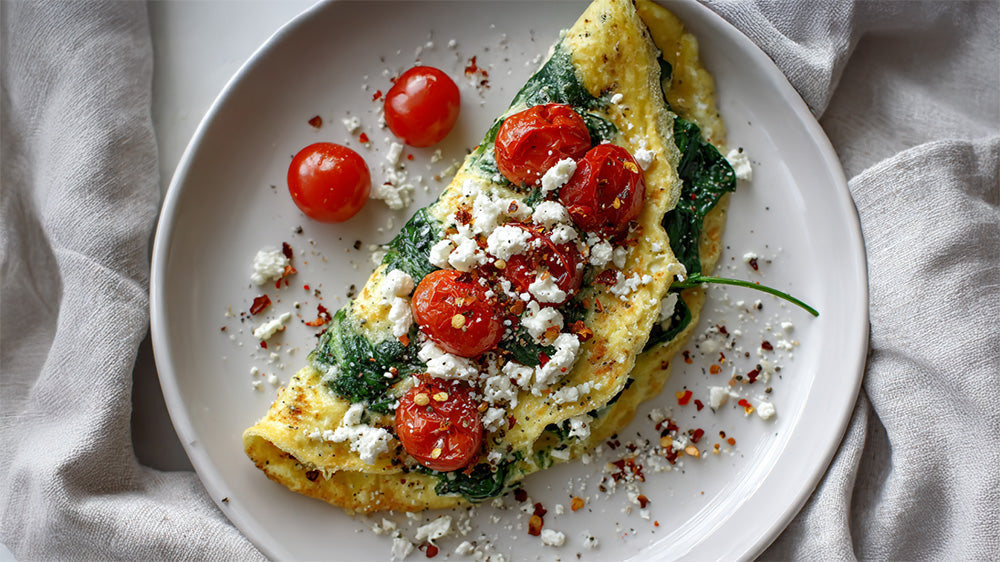 Draufsicht eines gefalteten Spinat-Omelettes mit geschmolzenem Feta, Kirschtomaten und Chiliflocken auf einem hellen Teller.