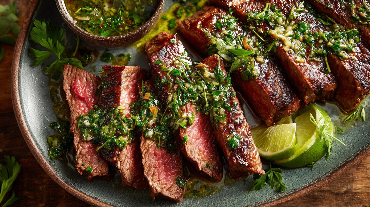 Steak mit Chimichurri in Nahaufnahme auf einem grauen Teller, serviert mit Limette.