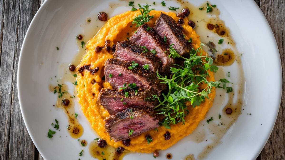 Süßkartoffelpüree mit Steak – saftiges Rindersteak auf cremigem Süßkartoffelpüree, verfeinert mit Chili-Öl und frischen Kräutern.
