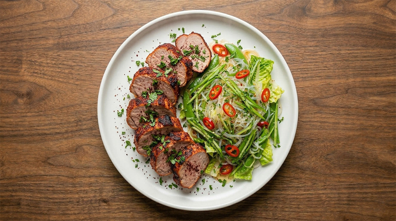 Draufsicht auf einen weißen Teller mit in Scheiben geschnittenem Tandoori-Schweinefilet und einem asiatischen Glasnudelsalat mit Zuckerschoten und roten Chili-Ringen auf einem dunklen Holztisch.