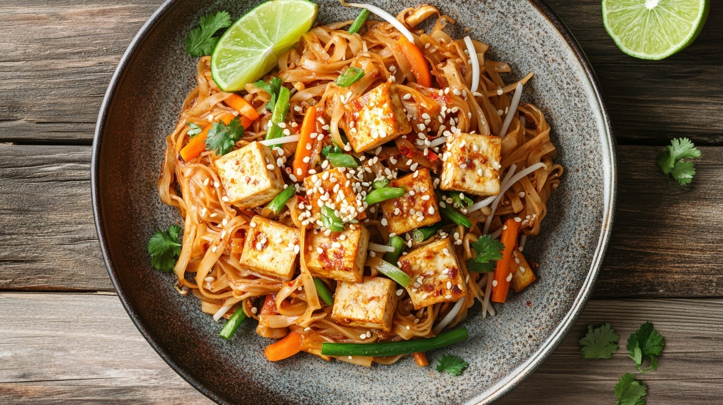 Tofu Pad Thai mit cremiger Erdnusssauce – gebratene Reisnudeln mit knusprigem Tofu, Gemüse, Sesam und Limette auf Teller angerichtet