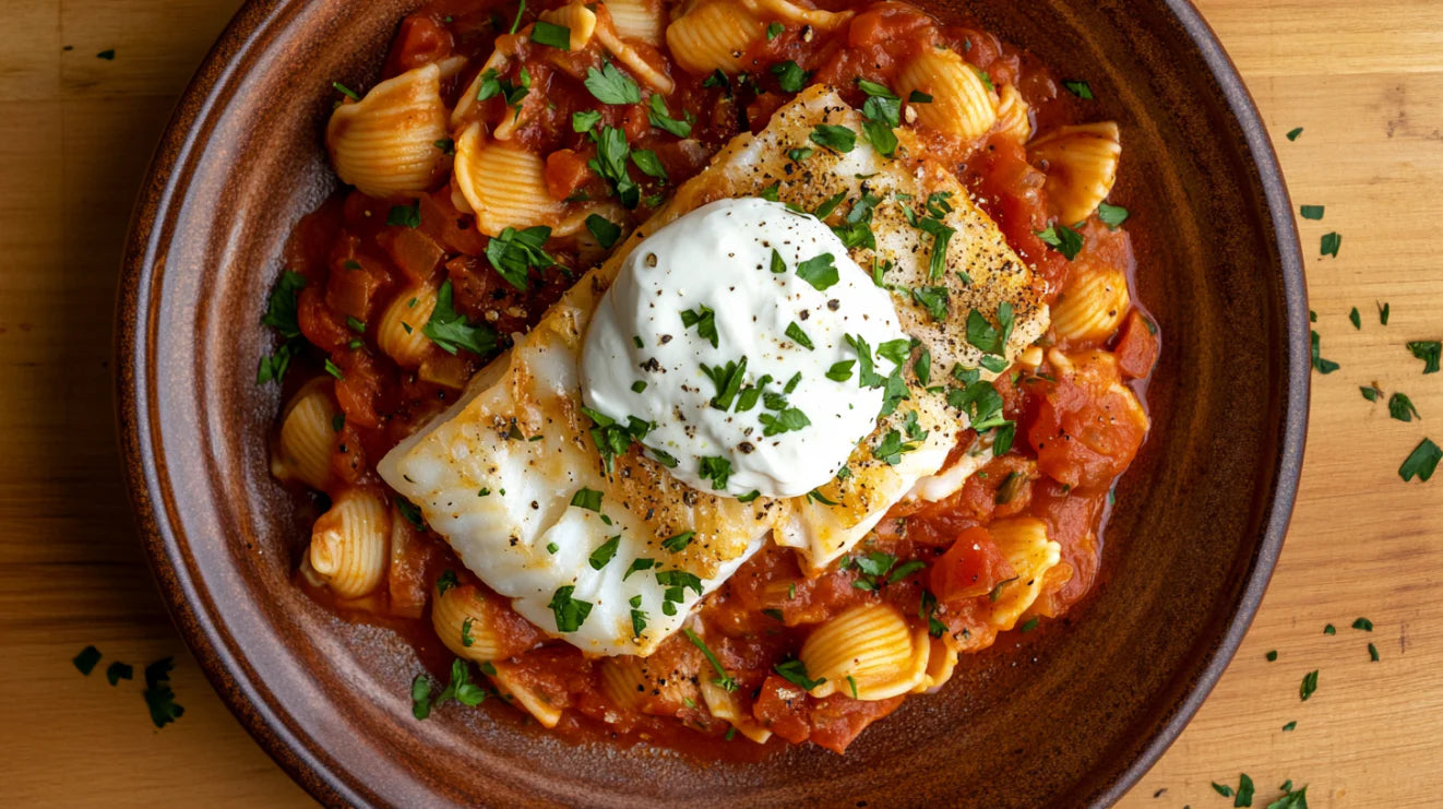 Tomaten-Fisch-Pasta mit Kabeljau auf Muschelnudeln in fruchtiger Tomatensauce, garniert mit frischer Petersilie und cremigem Käse-Topping – mediterranes Fischgericht auf Keramikteller.