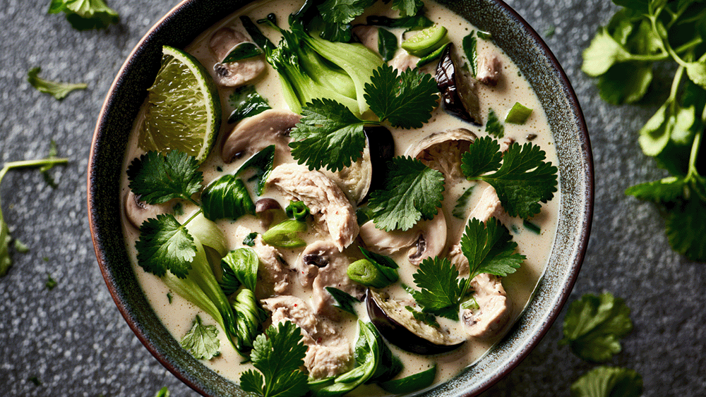 Draufsicht auf eine Schüssel Tom Kha Gai mit cremiger Kokosbrühe, Hähnchen, Pilzen, Pak Choi, frischem Koriander und einer Limettenspalte, angerichtet auf einer dunklen Steinoberfläche.