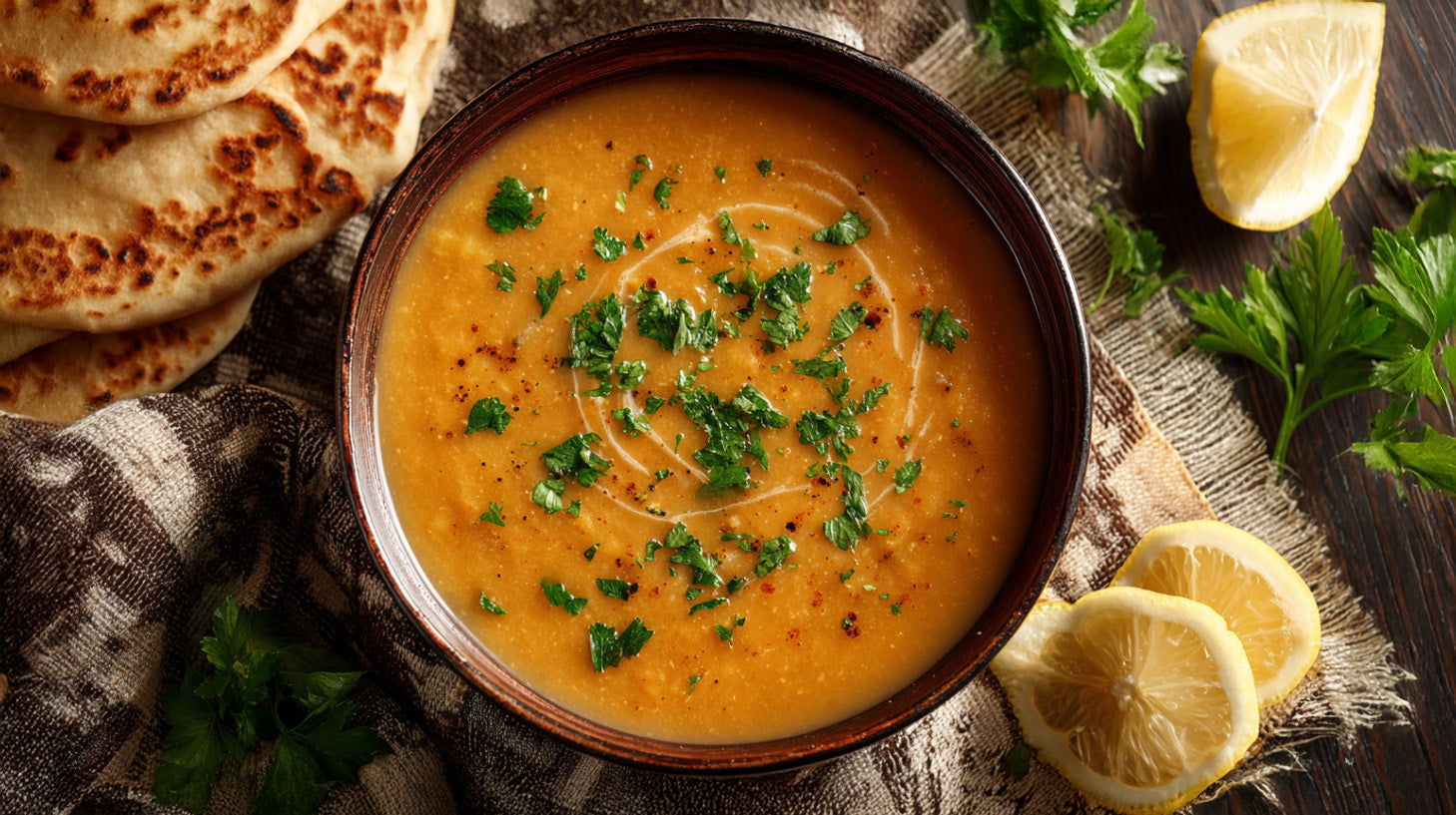 Türkische Linsensuppe Mercimek Çorbası in einer Schüssel mit frischer Petersilie, Zitronenscheiben und Pfannenbrot auf rustikalem Tuch serviert.