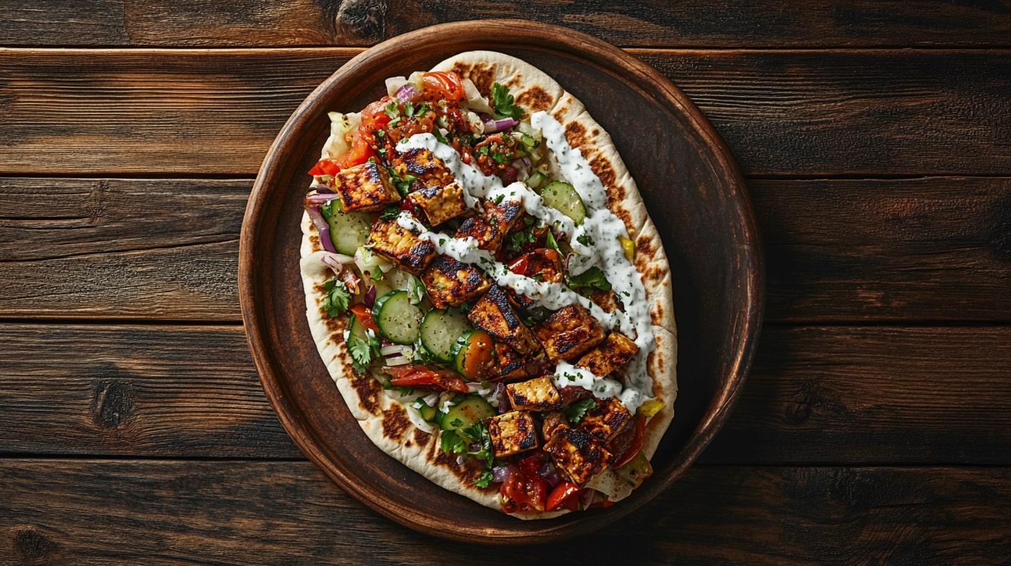 Veganer Döner mit gegrilltem Tofu, frischem Salat und Joghurtsauce auf Fladenbrot – perfekt zubereitet mit FIVI Küchenhelfern