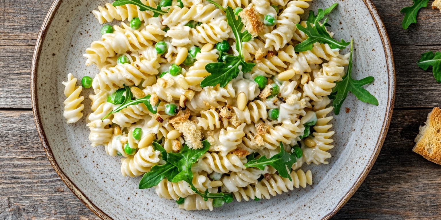 Veganer Nudelsalat mit Erbsen – cremige Pasta mit Rucola, Pinienkernen und knusprigen Croutons, sommerlich serviert auf einem Teller.