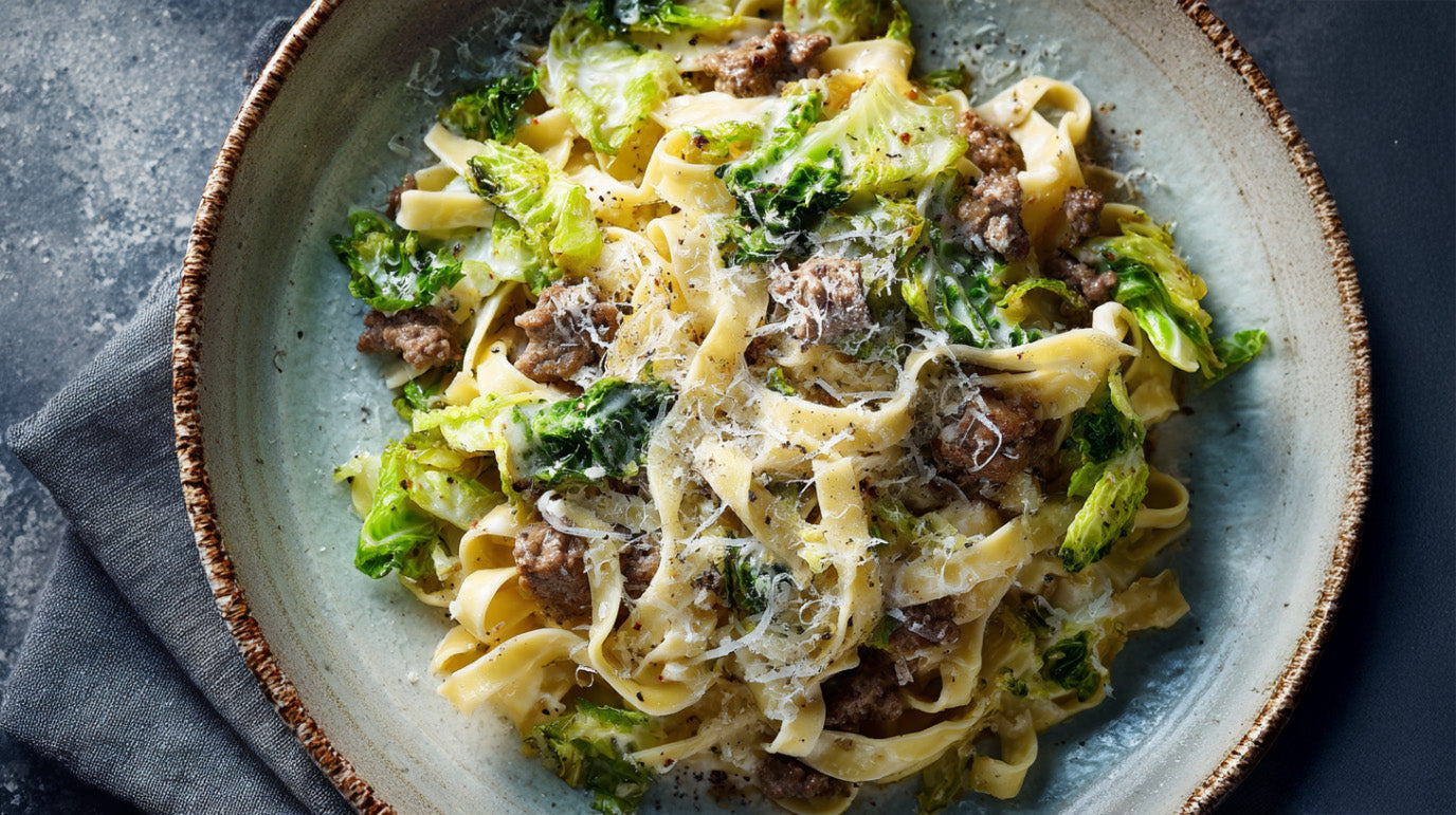 Wirsing-Hack-Pasta mit Bandnudeln, Rinderhack und frischem Wirsing in cremiger Zitronensauce, serviert auf einem Teller mit Parmesan