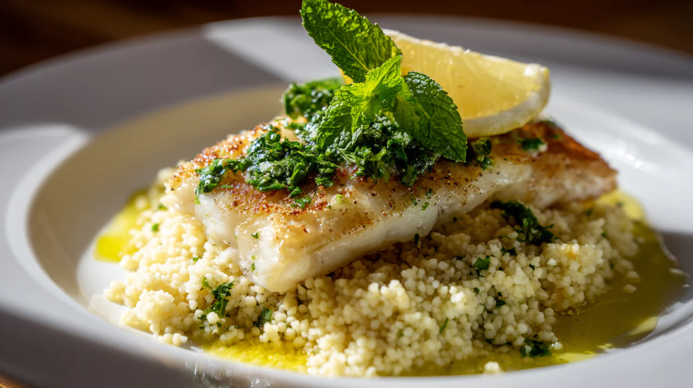 Zanderfilet mit Couscous – saftiges Fischfilet mit frischen Kräutern, Minze und Zitrone auf aromatischem Couscous, gesundes Rezept schnell zubereitet.