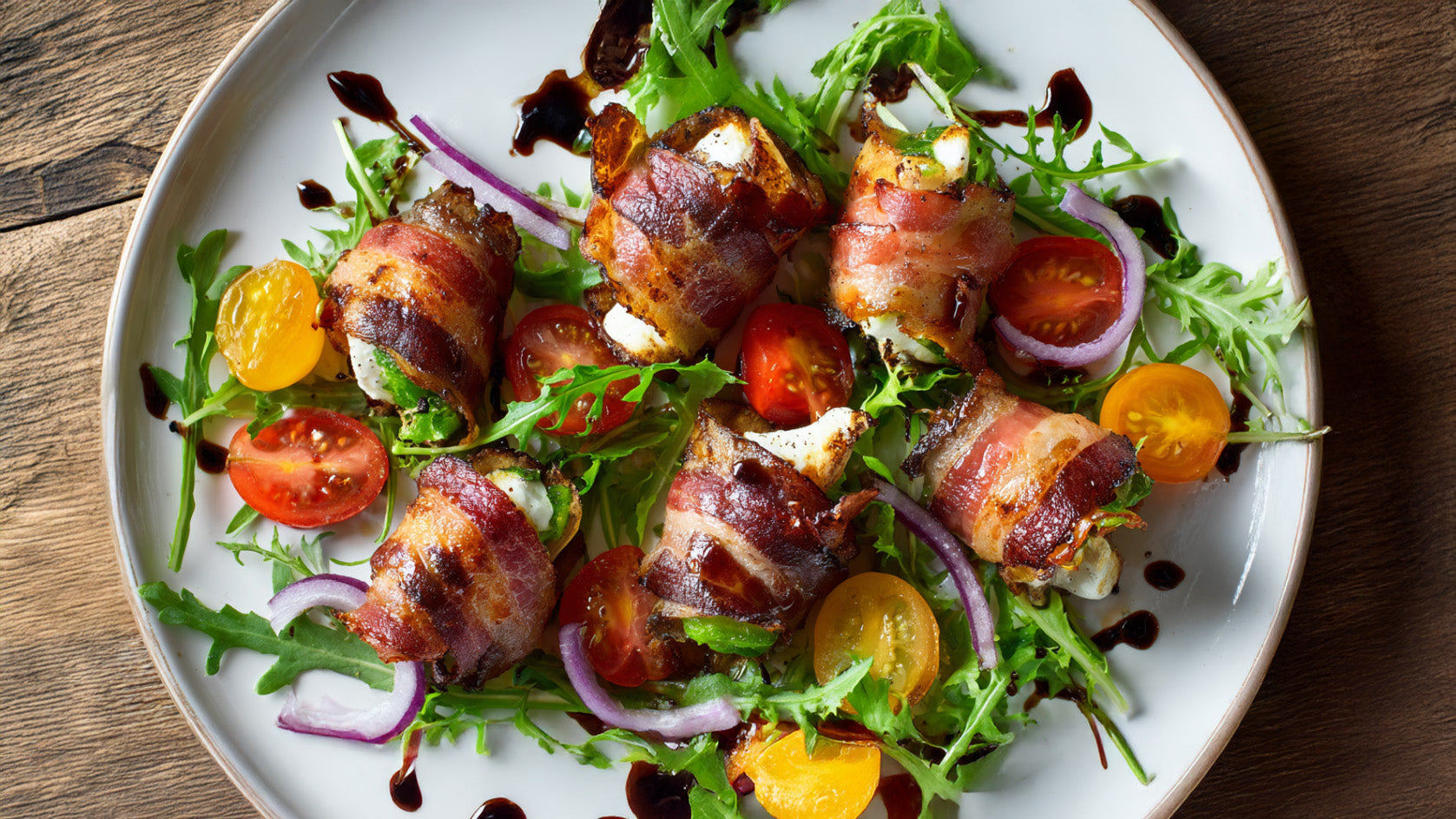 Ziegenkäse im Speckmantel auf frischem Salat mit Tomaten und Balsamico-Dressing