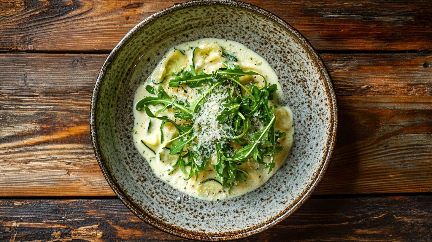 Zucchini-Rucola Pasta mit cremiger Weißwein-Sahne-Soße und frisch geriebenem Parmesan in rustikalem Keramikteller serviert