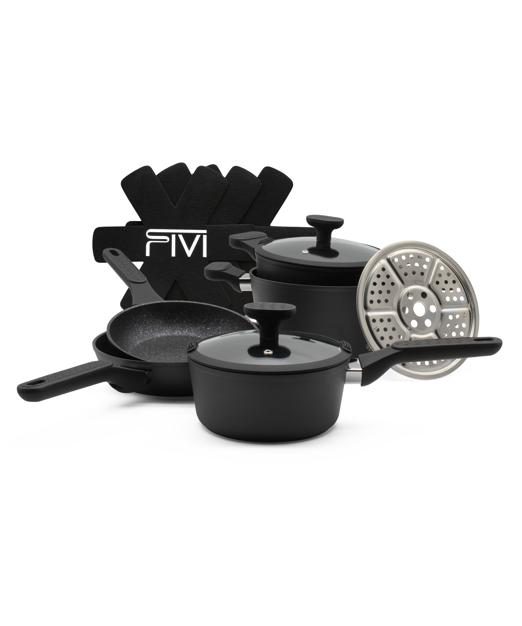 FIVI 12 Teiliges Kochgeschirr mit Vliesschonern und Dampfgareinsatz, inklusive Deckel