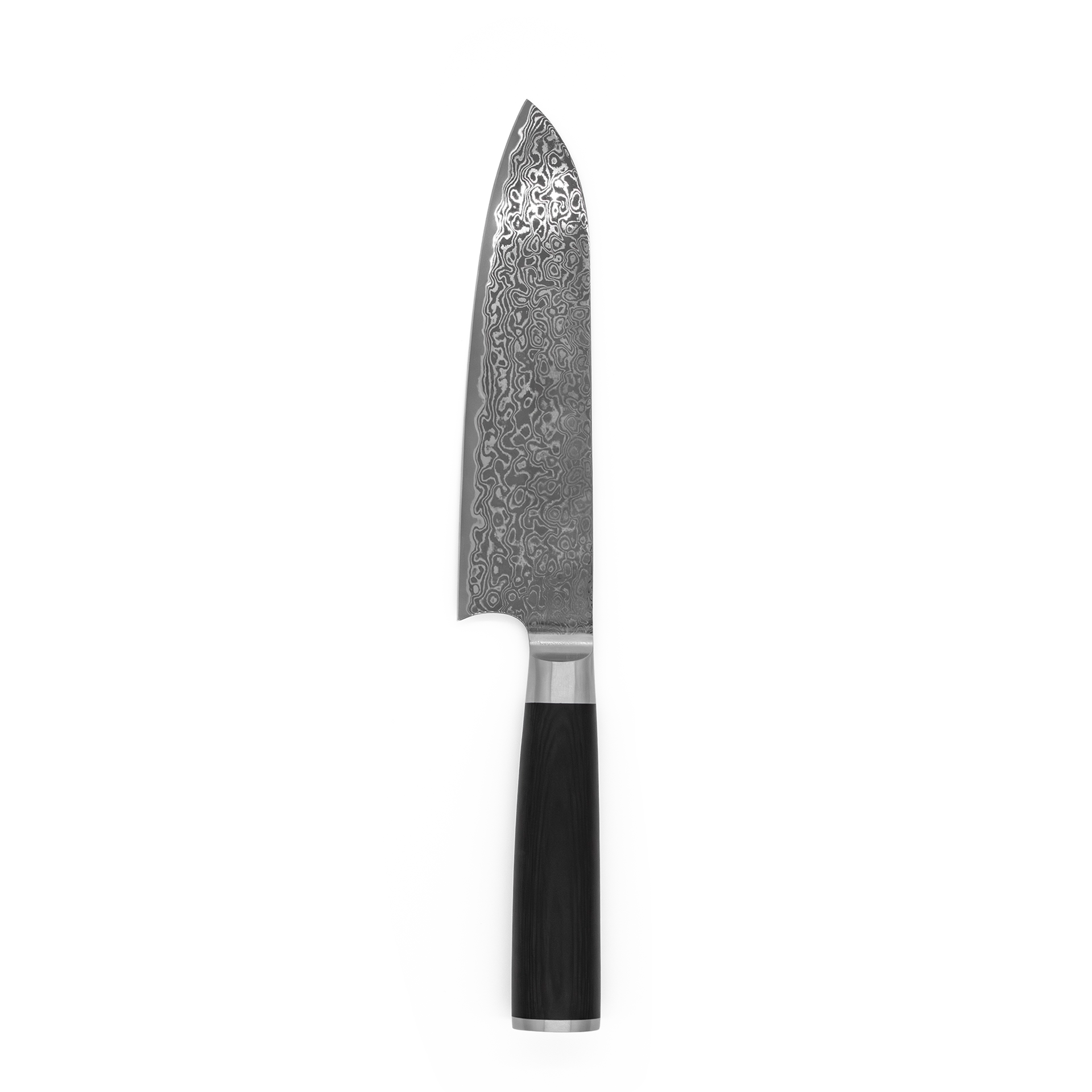 FIVI Santokumesser Akira aus Damaststahl mit dunklem Holzgriff vor weißem Hintergrund.