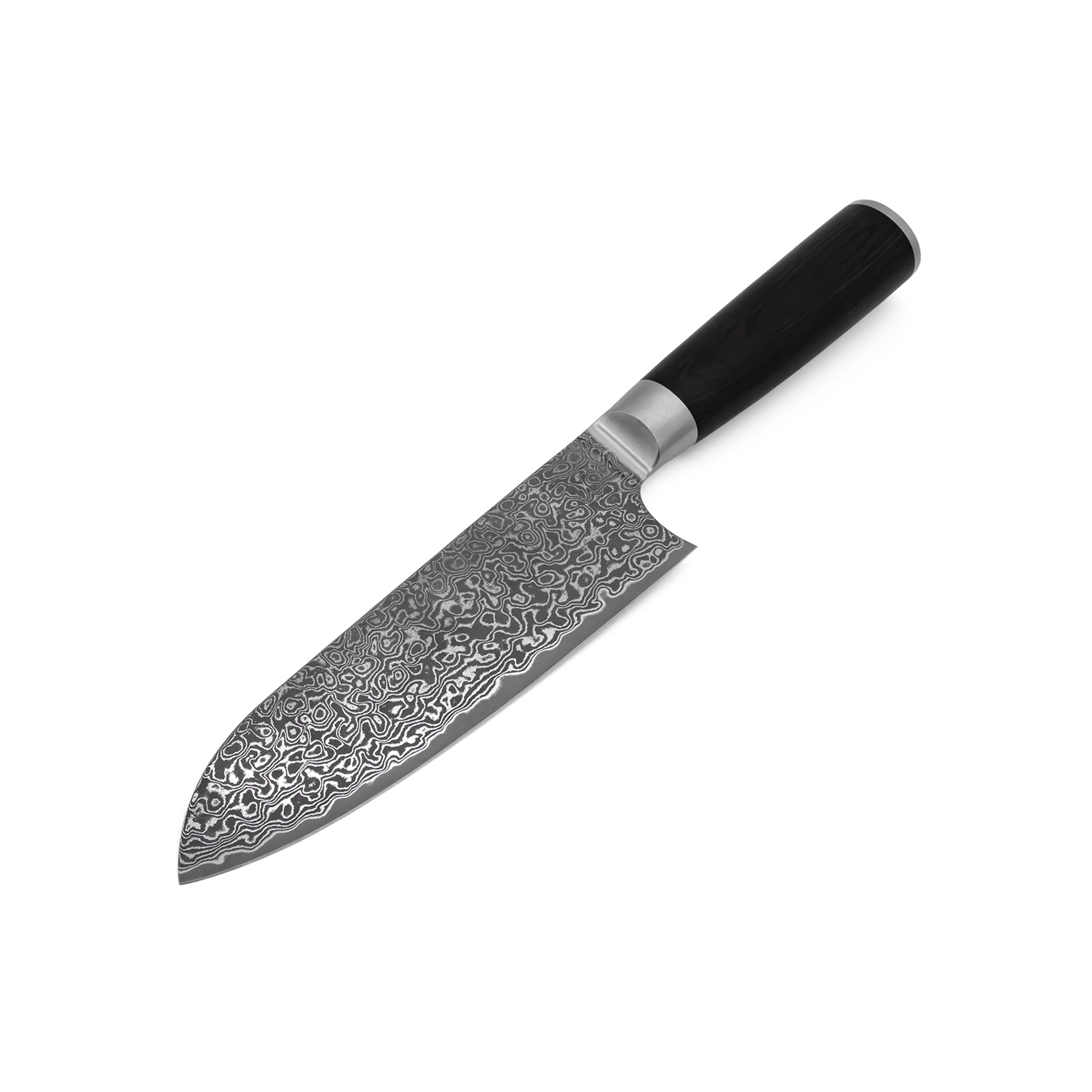 Japanisches Santokumesser Akira mit Damaststahl und ergonomischem Griff in der Seitenansicht.