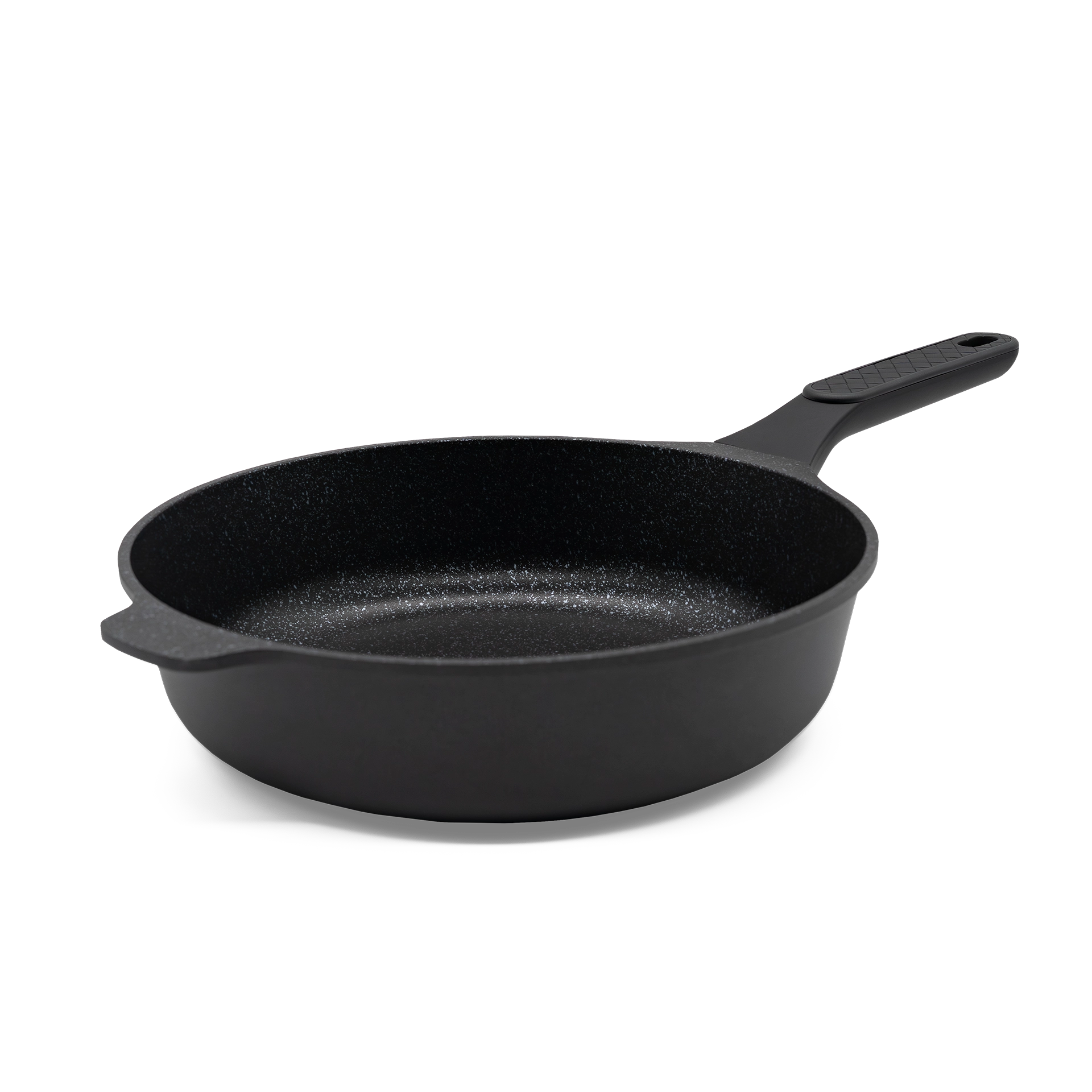 Tiefe schwarze Schmorpfanne Almar mit hohem Rand und ergonomischem Soft-Touch-Griff.