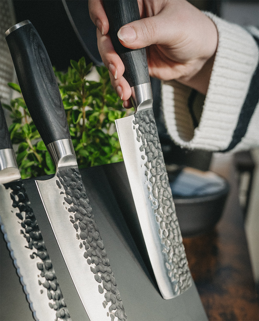 Eine Hand nimmt das FIVI Messer "Matt" vom Messerblock "Moni". Im Hintergrund steht ein Kochtopf und eine Pflanze.