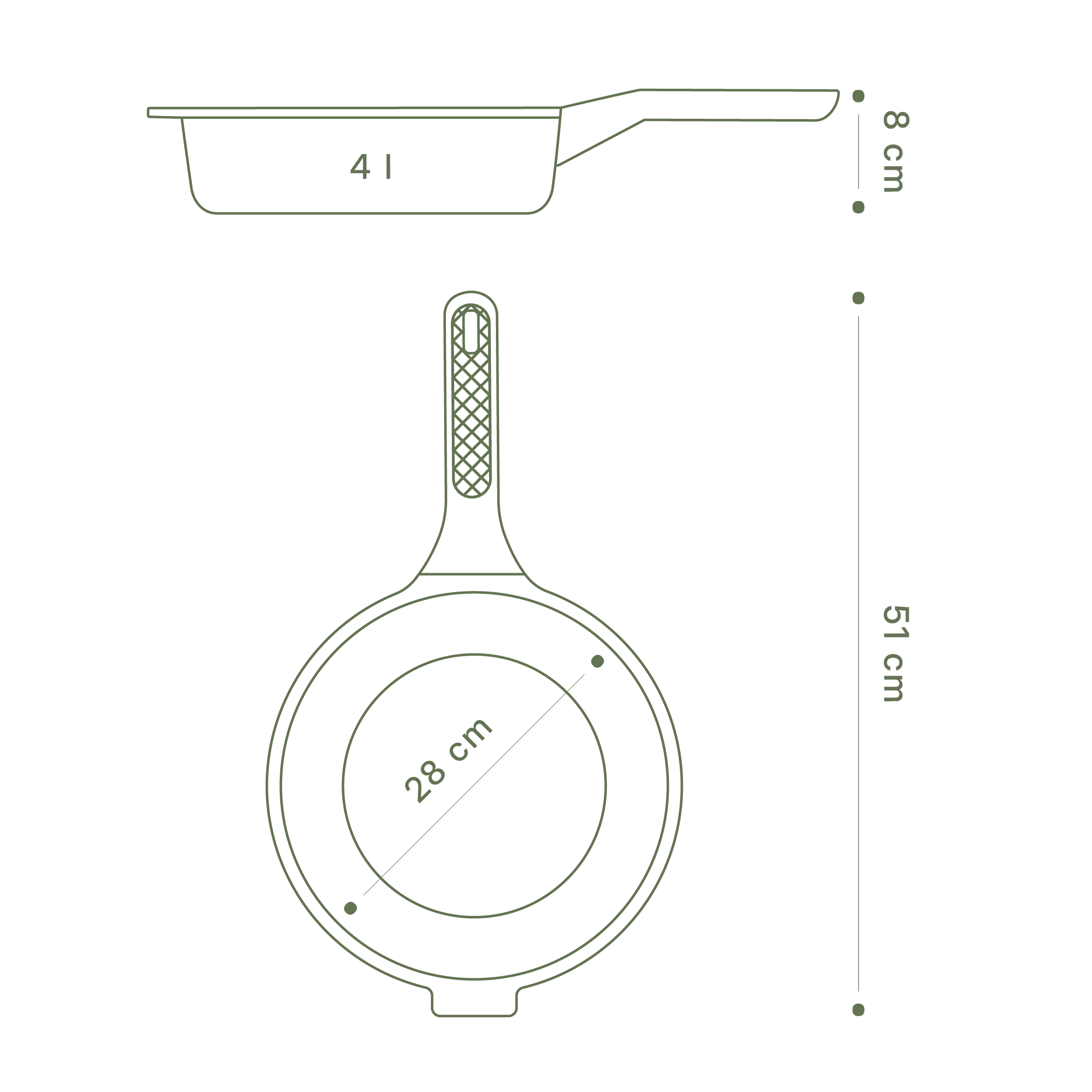 Technische Zeichnung über die Kapazität von 4l und dem Durchmesser von 28 cm der SChmorpfanne Almar.