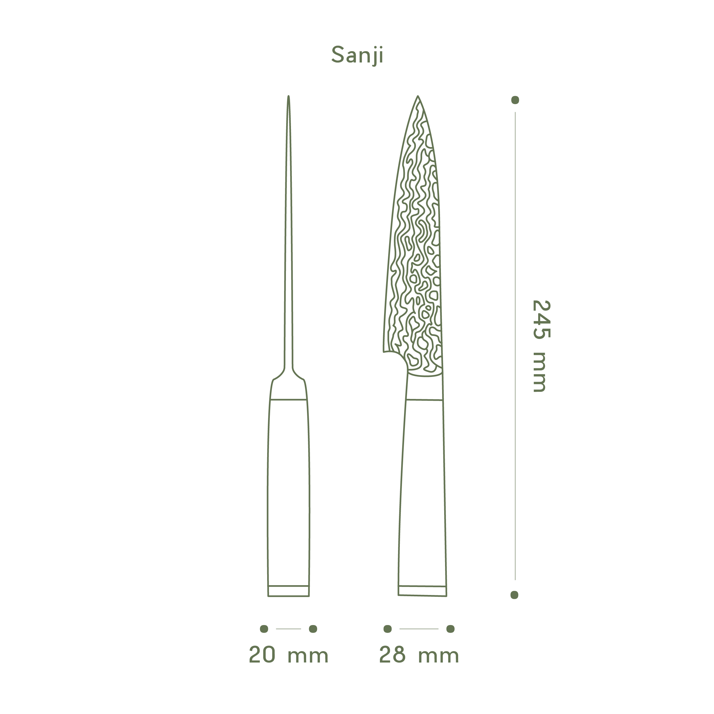 Technische Skizze des Sanji Pettymessers: 245mm Gesamtlänge, 28mm Klingenbreite.