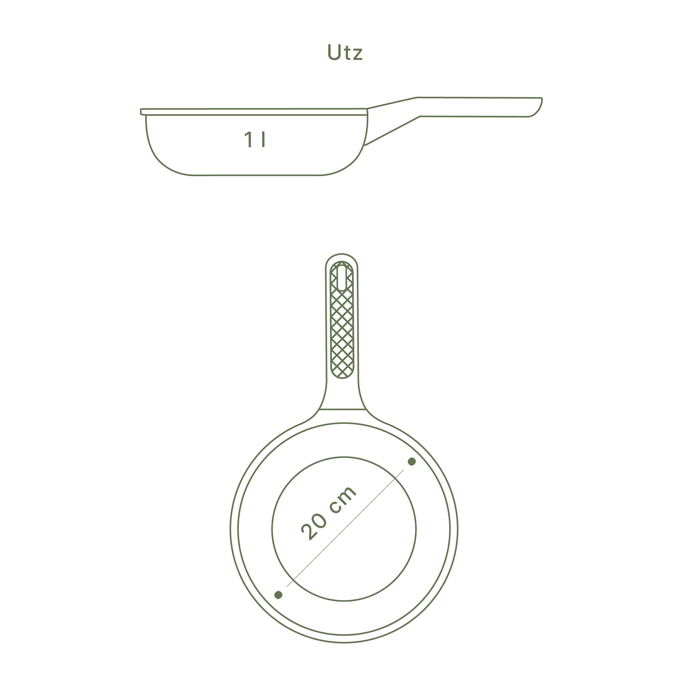 Technische Zeichnung der Bratpfanne Utz mit 20 cm Durchmesser und 1 Liter Fassungsvermögen.