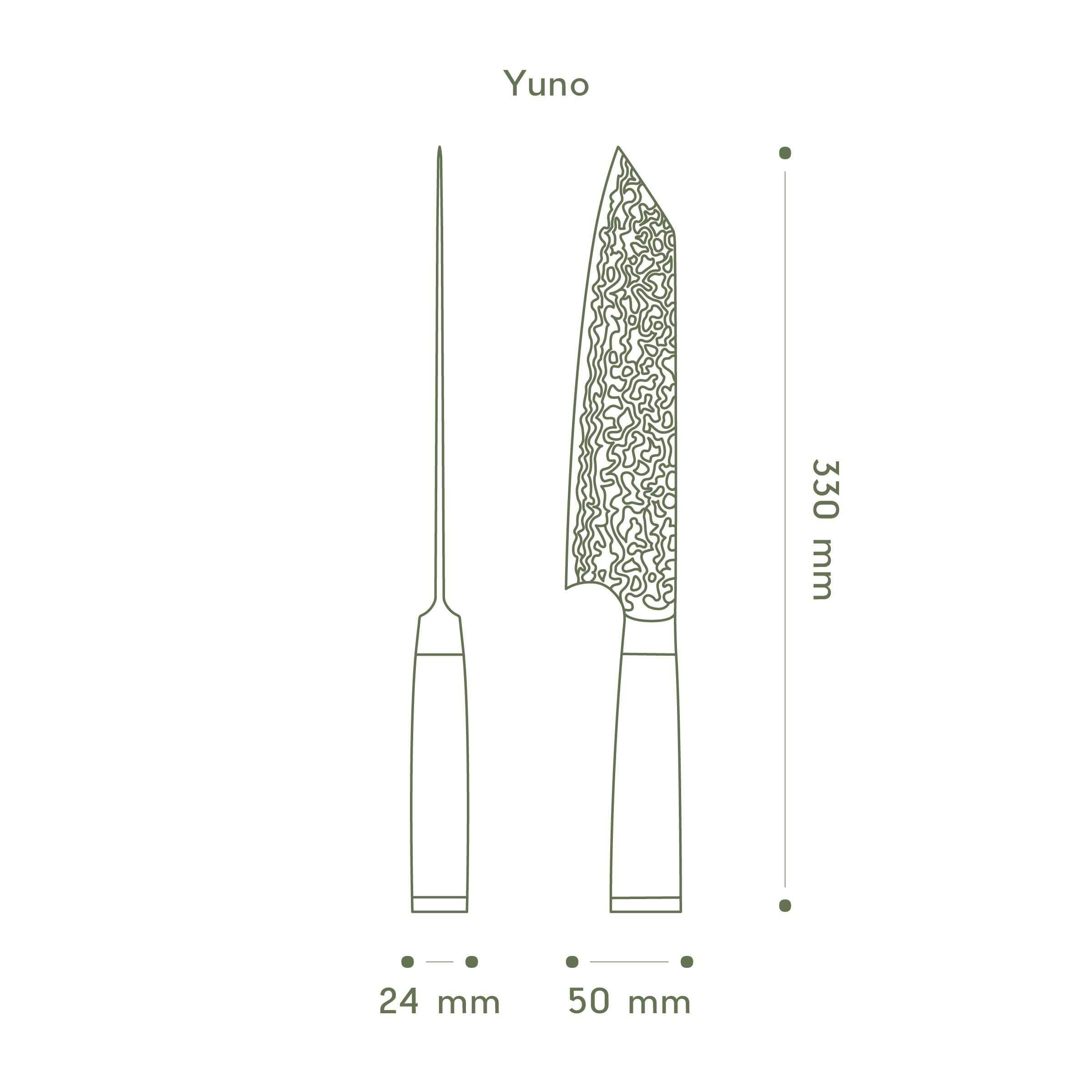 Technische Zeichnung des Yuno Kiritsukemessers mit Maßen: 330mm Gesamtlänge, 50mm Klingenbreite.