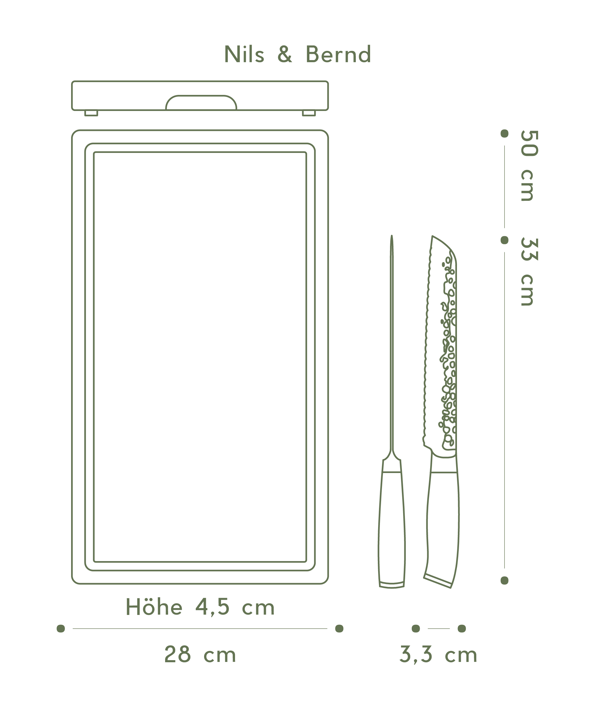 Eine Detailgrafik mit Maßen des FIVI Brotmessers Bernd und des Akazienschneidebretts NILS