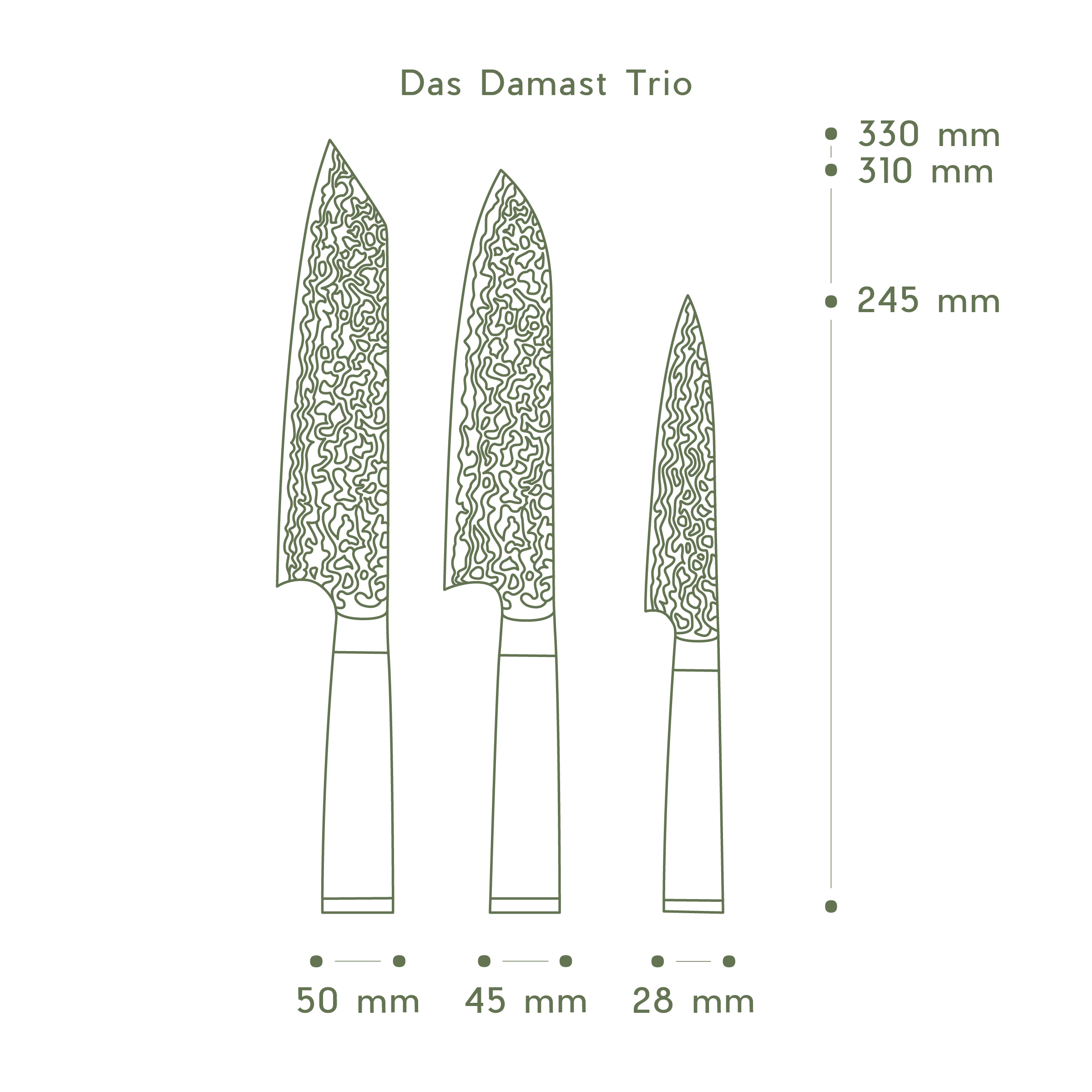 Technische Übersicht des Damast-Trios mit Klingenbreiten von 50mm, 45mm und 28mm sowie Gesamtlängen.
