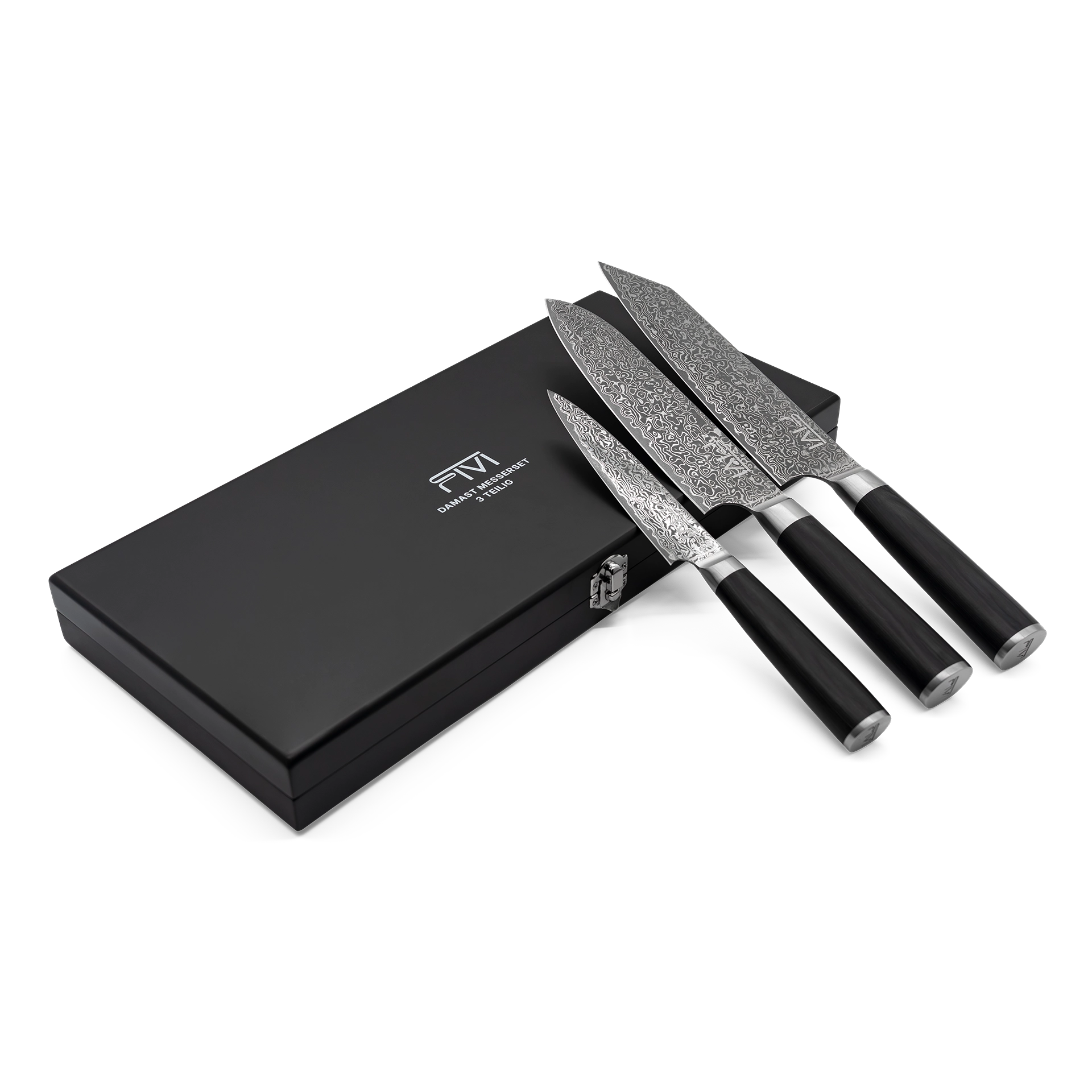 FIVI Profi-Messerset 3-teilig mit edler schwarzer Geschenkbox und hochwertiger Damast-Maserung.