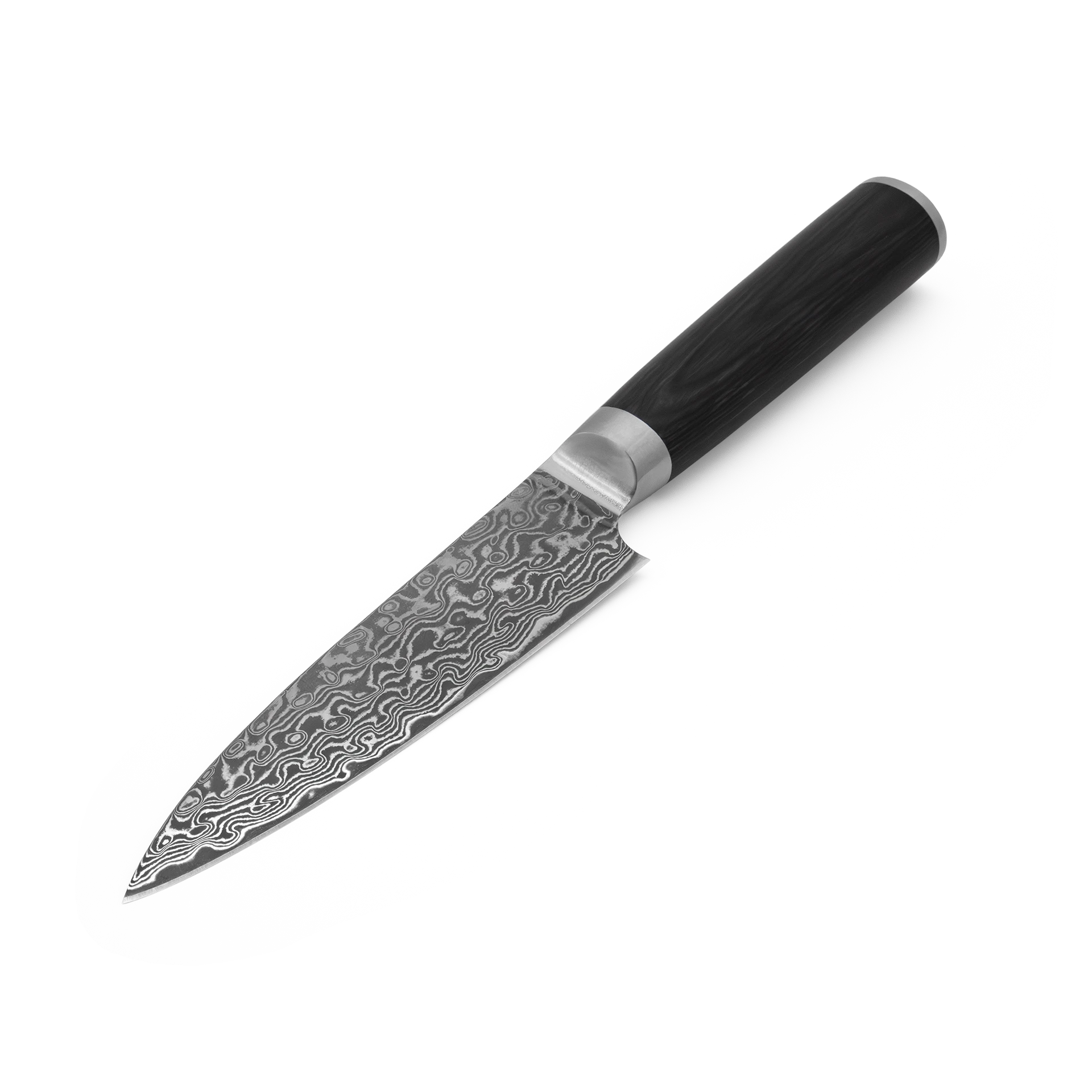 Japanisches Allzweckmesser Sanji mit Damaststahl und ergonomischem Griff auf weißem Grund.