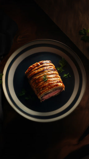 Ein Beef Wellington liegt aus der Vogelperspektive sehend auf einen weiß blauen Teller. Die Umgebung ist dunkel und braun gehalten.