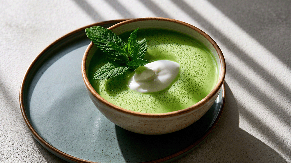 Bild eines grünen Erbsen-Minz-Süppchen in einer modernen Keramikschale. Die kalte Suppe ist garniert mit Joghurt und Minze.