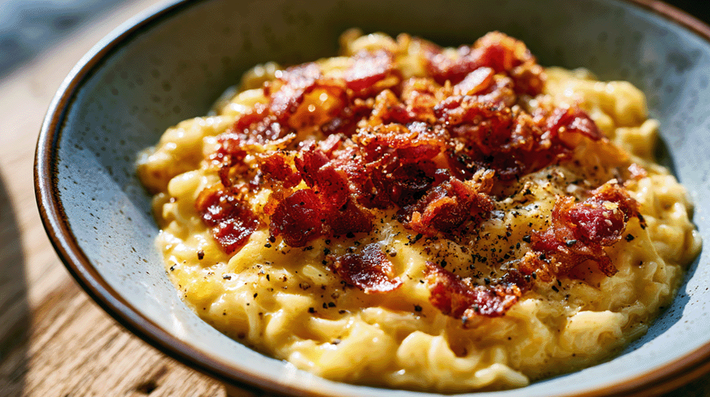 Cremige Ramen-Carbonara mit krossen Bacon-Stücken und schwarzem Pfeffer in rustikaler Schüssel.
