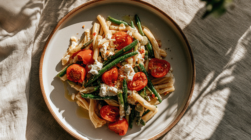 Bohnen-Tomaten-Pasta von oben angerichtet auf einem Teller mit grünen Bohnen, Kirschtomaten und cremigem Ricotta
