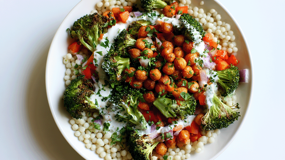 Draufsicht auf eine weiße Bowl mit Couscous, geröstetem Brokkoli, würzigen Kichererbsen und Joghurtsauce.